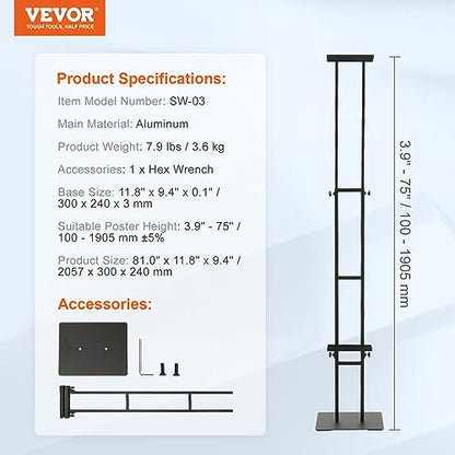 VEVOR Poster Stand, Adjustable Height Up to 75", Double-Sided Heavy Duty Pedestal Sign Holder, Floor Standing Sign Holder Banner Stand with Shock-absorbing Base for Display, for Board and Foam, Black | Double-Sided Floor Standing Sign Holder Banner Stand