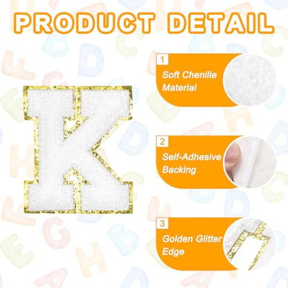 MECCANIXITY Chenille Letter Patches 2.2" Self Adhesive Alphabet K Stick on Embroidered Patch Sew on Letter Stickers Applique for Repairing Clothing Jeans Shoes Hats DIY(White, Pack of 8) - style: Letter K