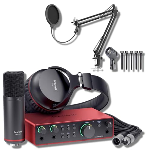 Focusrite Scarlett 2i2 Studio 4th Gen USB Audio Interface Bundle with StreamEye Boom Arm Mic Stand Desktop Mount, Detachable Clip, Professional Grade XLR Cable, Microphone Pop Filter and Cable Ties