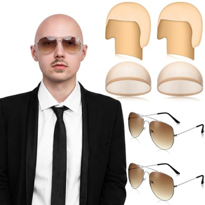 Mepase 6 Pcs Halloween Bald Cap with Glasses Bald Head Wig Cap Party Costume Accessories for Adults Women Men Cosplay - color: Smooth, style: Retro