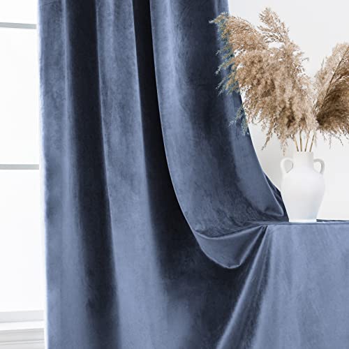 PLEASANT BOULEVARD Stone Blue Velvet Curtains 63 inch Long Heavyweight Blackout Curtains Rod Pocket Thermal Insulated Darkening Window Drapes for Bedroom Living Room, W52 x L63, 2 Panels - color: Stone Blue, size: 52"W x 63"L (Pack of 2)
