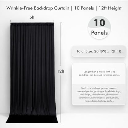 50ftx12ft Black Backdrop Curtain for Wedding Party 10 Panels 5×12FT Tall - color: Black, size: 50ftx12ft (10 Panels W5'xH12')