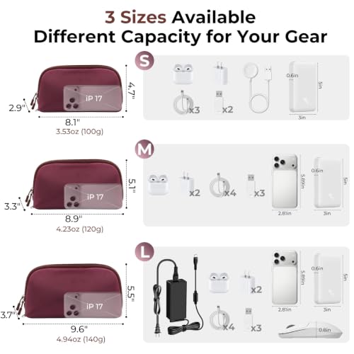 FYY Travel Cable Organizer - 8 Compartments, Lightweight, Water Repellent - color: Wine Red, size: (S) 8.1"× 4.7"× 2.9"
