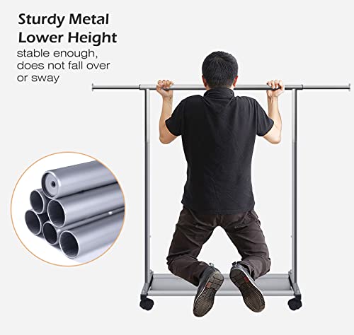 MISSLO Short Clothing Racks for Hanging Clothes with Bottom Shelves and Wheels Heavy Duty Rolling Clothes Rack Kids Clothing Rack for Adult Coat, Closet, Wardrobe - color: Silver