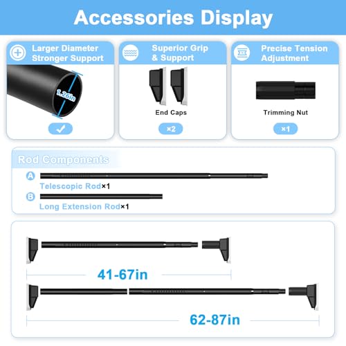 Extra Long Tension Curtain Rod, Black, 41-86 Inch (4-7.1ft), Tension Rod - color: Black, size: 41-86inch