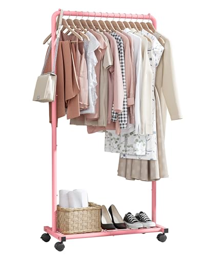 Sakugi Clothes Rack - Clothing Rack with Storage Mesh Shelf & Casters, Heavy-Duty Metal Clothing Rack for Hanging Clothes, Dresses, Coats, Large Load Capacity, Easy Assembly, Pink, 28.0"x16.9"x59.0" - color: Pink, size: 28.0" x 16.9" x 59.0" (1 Rod)