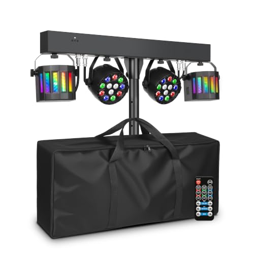 DJ Lights with Stand, Rechargeable Battery Powered Stage Light System, 4-in-1 Party Bar Light Package, Sound Activated DMX512 for Mobile DJ, Wedding, Parties, Club Events