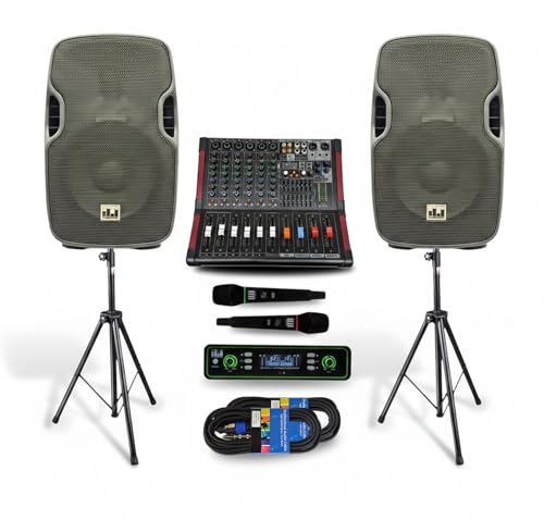 Pa System with Wireless Microphone and Speakers 15 ", 2000W Built-in amp | 6-channel audio mixer, Wireless Dual UHF mic, Tripod Stands and Complete PA kit for DJs, parties and events - size: 15 inch
