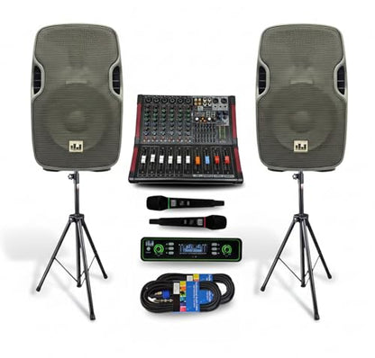 Pa System with Wireless Microphone and Speakers 15 ", 2000W Built-in amp | 6-channel audio mixer, Wireless Dual UHF mic, Tripod Stands and Complete PA kit for DJs, parties and events - size: 15 inch