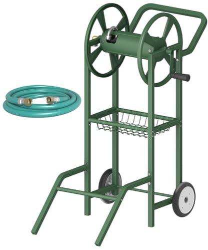 Hose Reel Cart with 2 Wheels, Garden Water Hose Holder Heavy Duty Powder Coated Steel Outdoor Winder Storage Holds 125 ft 5/8" Hoses with Basket and 3.9ft Leader Hose for Backyard, Green - color: Green