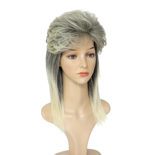 Mullet Wigs for Women Curly Shoulder Length Fluffy Hair 70s 80s Rocker Party Cosplay Synthetic Wigs (Blonde Mix Black) - color: w58-Blonde Mix Black