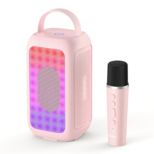 Bobtot Portable Bluetooth Speaker with a Wireless Mic, Pink | 16H Playtime Wireless Speakers, Peak Singing Machine with Microphone, Magic Sound, Echo, EQ Mode - color: Pink, size: With 1 Mic