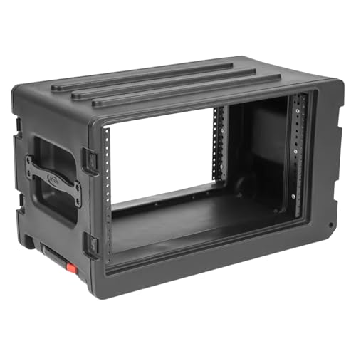 SKB 6U rSeries Shallow Rolling Rack with Integrated Back Wheels and 1-Touch Pull Handle, Comes with 8 Rack Units and Interlocking Molded Stacking Bars | Interlocking molded stacking bars, integrated rear casters, one-touch telescoping design, stackable dj