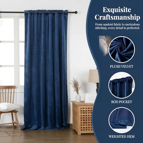 Blue Velvet Curtains Rod Bag Style 52" W x 90" L (Pack of 2) | blackout and heat-insulating, with a soft, luxurious texture, perfect for living rooms and bedrooms. Rod pockets - color: Blue, size: 52"W x 90"L (Pack of 2)