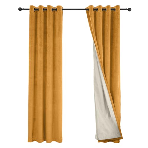 100% Full Blackout Velvet Curtains with Liner 52x72 Golden Yellow - color: Golden Yellow, size: 52"W x 72"L (Pack of 2)