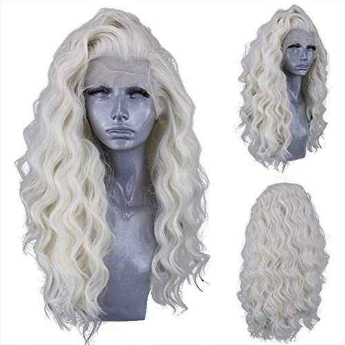 RONGDUOYI RDY #60 Platinum Blonde Wavy Lace Front Wigs for Women 24inches Blonde Long Body Wave Synthetic Hair Wig Natural Looking Soft Swiss Lace Wig - color: Platinum Blonde-#60