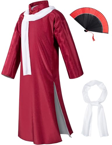 Boys Girls Kids Dragon Tang Coat Chinese Traditional Clothing Master Martial Arts Fan Scarf Set Outfit - color: Red, size: 5-6Years(120cm)