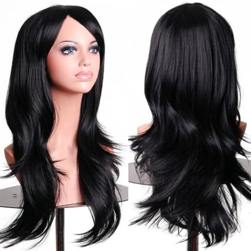 PORSMEER 70 cm/28 inches Charming Black Long Wavy Full Hair Wig Anime Cosplay Halloween Costume Party Heat Resistant Synthetic Wigs for Women - color: Black