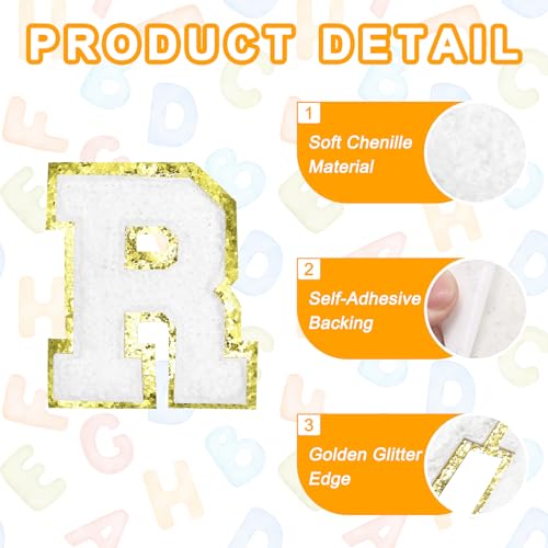 MECCANIXITY Chenille Letter Patches 2.2" Self Adhesive Alphabet R Stick on Embroidered Patch Sew on Letter Stickers Applique for Repairing Clothing Jeans Shoes Hats DIY(White, Pack of 8) - style: Letter R