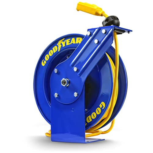 Goodyear Extension Cord Reel Retractable 14AWG x 100' Feet | 3C SJTOW Cable Triple Tap Connector Power Rating 125 Volt AC 13 Amp 1625 Watt Industrial Steel Single Arm