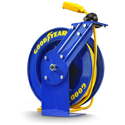 Goodyear Extension Cord Reel Retractable 14AWG x 100' Feet | 3C SJTOW Cable Triple Tap Connector Power Rating 125 Volt AC 13 Amp 1625 Watt Industrial Steel Single Arm