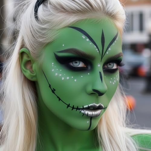 Halloween Makeup Kit for Witch, Complete SFX Costume Set with Green Face Paint, Witch Fake Nose, Water-Based Face Paint Set for Halloween Cosplay SFX Makeup, Costume Parties, Theater - color: Green
