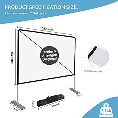 SKERELL Projector Screen with Stand 120 inch Portable Projection Screen 16:9 4K HD Rear Front Projections Movies Screen with Carry Bag for Indoor Outdoor Home Theater Backyard Cinema Travel - size: 120 inch