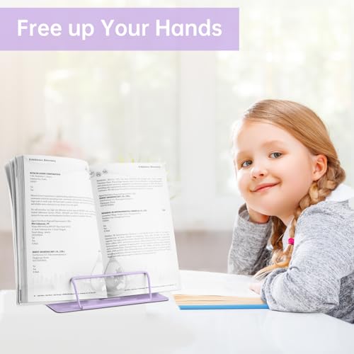 Honagu Book Stand Metal Desk Book Holder, Book Holders for Reading Hands Free, Adjustable Cookbook Documents Holder, Portable Bookstand for Music Books, Textbook, Recipe, Tablet, Ipad (Light Purple) - color: Light Purple