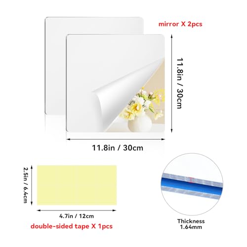 yuntop 2 Pack Self Adhesive Acrylic Mirror, 2MM Flexible Plastic Mirror, Shatterproof PS Frameless Wall Mirror for Bathroom Vanity and Entryway (12 x 12 inch) - size: 12 x 12 inch
