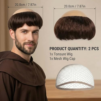 2PCS Monk Wig Set, Funny Wig and Monk Costume Accessory, Dark Brown Monk Wig with Hair Net for Theatrical Performances