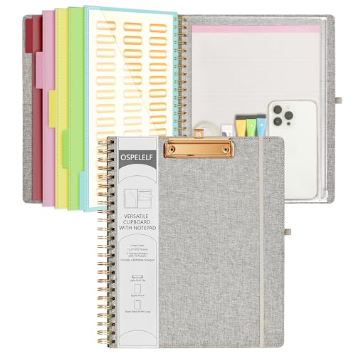 Ospelelf Foldable Spiral Clipboard Folio with Storage Zipper Pouch, 5 Plastic Folders with 10 Pockets,Refillable Lined Notepad (11" x 8.5"), Hardcover Project Organizer with 39 Stickers (Grey) - color: Gray