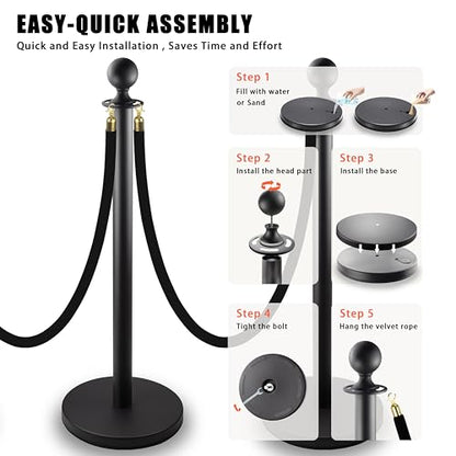 Black Stanchions and Velvet Ropes 6pcs Stainless Steel Posts | 4pcs 5ft Black Velvet Ropes Crowd Control Barriers with Durable Refillable Base for Wedding, Party & Exhibition Events - color: Black, size: 6 PCS