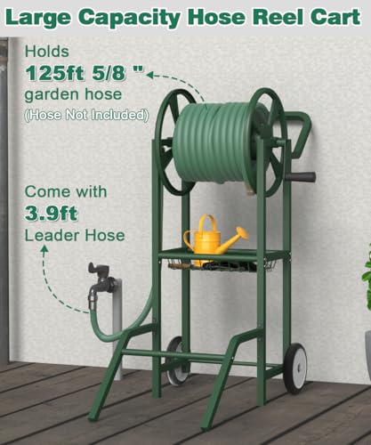 Hose Reel Cart with 2 Wheels, Garden Water Hose Holder Heavy Duty Powder Coated Steel Outdoor Winder Storage Holds 125 ft 5/8" Hoses with Basket and 3.9ft Leader Hose for Backyard, Green - color: Green