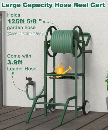 Hose Reel Cart with 2 Wheels, Garden Water Hose Holder Heavy Duty Powder Coated Steel Outdoor Winder Storage Holds 125 ft 5/8" Hoses with Basket and 3.9ft Leader Hose for Backyard, Green - color: Green
