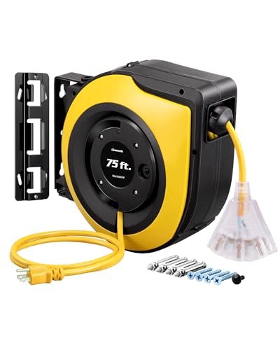 DEWENWILS 75FT Electric Cord Reel，14/3C SJTOW Cord Reel, UL Listed,Yellow - color: Yellow