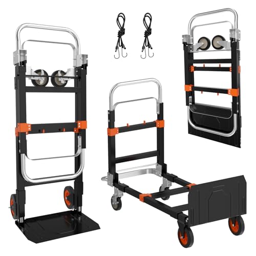 3 in 1 Hand Truck, 600Lbs Capacity, Heavy Duty Collapsible Cart with Retractable Handle, Dolly Cart with 2 Universal Wheel with Brake for Moving Home, Office, School, Shopping, Warehouse, Orange - color: Orange-2