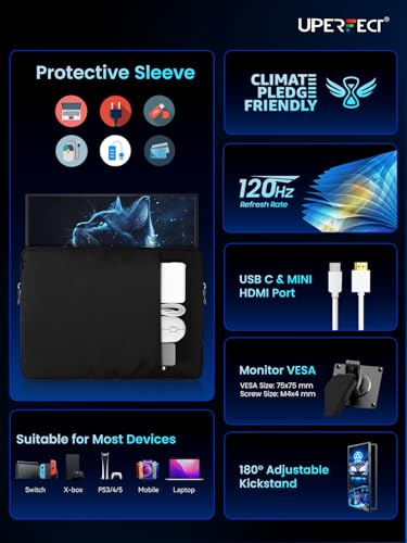 UPERFECT Portable Monitor 18.5-inch 120HZ Touchscreen 100% sRGB w/VESA & Stand 180° Adjustable Ultra-Slim & Lightweight Frameless FHD FreeSync IPS HDR Gaming Display, Travel Second Monitor for Laptop | 100% sRGB Ultra Slim Lightweight Frameless FHD FreeSy