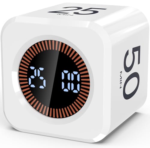 Digital Pomodoro Timer Cube 5/10/25/50min Preset, Silent & Sound Alarm | Visual Productivity Flip Timer for Kids Classroom Desk, Custom Countdown, Gravity Sensor, for ADHD Study Work Game Kitchen - color: White