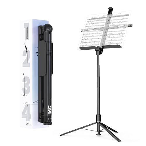 KraftGeek Capsule Music Stand for Sheet Music, 66" Portable Music Stand | No Assembly, Folding Design for Travel, 29"-66" Adjustable Height, Foldable Tray Fits A3 Sheets, Dual 1/4" Mounts - color: Black