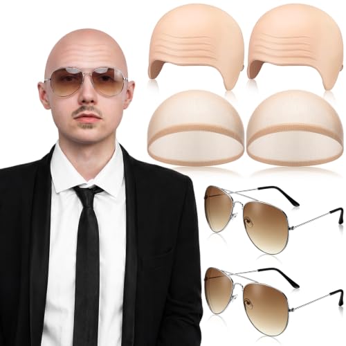 Mepase 6 Pcs Halloween Bald Cap with Glasses Bald Head Wig Cap Party Costume Accessories for Adults Women Men Cosplay - color: Wrinkle, style: Retro