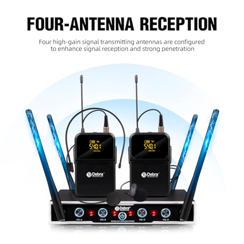 D Debra Audio Wireless Microphone System Pro DU4004 UHF 4 * 16 Adjustable Channel Wireless Handheld Lavalier Headset Mics, Ideal for Meeting Church Speech Party (2 Handheld 2 Bodypack) - color: 2 Handheld 2 Bodypack