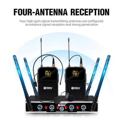 D Debra Audio Wireless Microphone System Pro DU4004 UHF 4 * 16 Adjustable Channel Wireless Handheld Lavalier Headset Mics, Ideal for Meeting Church Speech Party (2 Handheld 2 Bodypack) - color: 2 Handheld 2 Bodypack