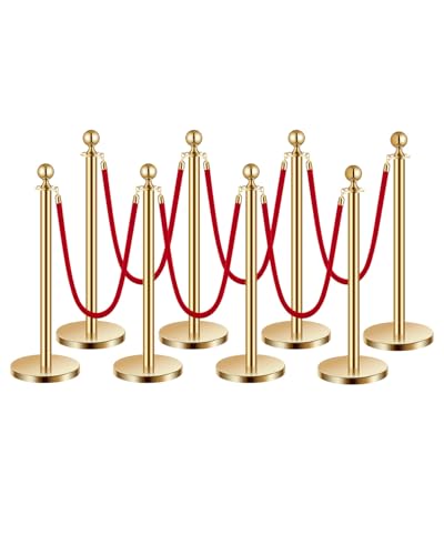 VEVOR Stanchions and Velvet Ropes 8Pcs, Hollow Base with Stainless Steel Post, 6 Red Velvet Ropes and Posts, Crowd Control Barriers Gold Stanchions, Red Carpet Runner Poles for Party Supplies - color: Gold