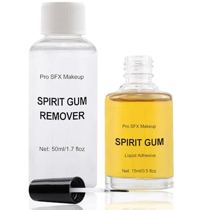 CCbeauty 15ml Spirit Gum Adhesive And 50ml Remover SFX Makeup Kit, Professional Bald Cap Glue For Costume, Special Effects Body Skin Wig Prosthetics Glue For Halloween Cosplay Stage Theatre Makeup