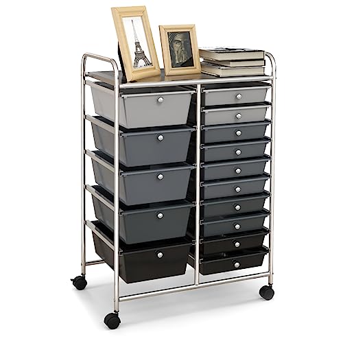 HAPPYGRILL 15-Drawer Rolling Cart, Storage Carts with Removable Drawers & Steel Frame, Utility Cart on Lockable Wheels for Home, School, Office, Black Gradient - color: Black Gradient, size: 15 Drawer