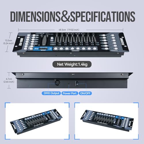 MINGJIE DMX512 Controller, 192 Channel Stage Lighting Console | Sound Activated Mode, 30 Programmable Scene Banks, LED Display and Cable Included for DJ, Club, Stage and Live Events