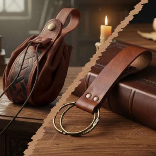 Renaissance Belt Pouch Set with Wreath - Renaissance Accessories with Pirate Belt Pouch for Halloween Cosplay & LARP - color: Brown-b