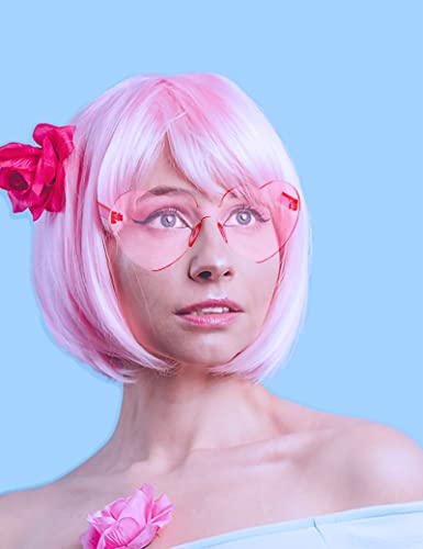 LIULIUBTY Short Bob Hair Wigs Straight with Flat Bangs Synthetic Colorful Cosplay Daily Party Neon Wig for Women + Free Wig Cap 12" Natural As Real (Cute Pink) - color: Cute Pink