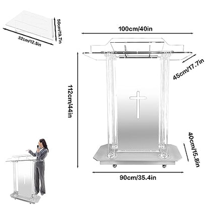 Church Pulpit with Hollow Cross Design,Church Podium,Acrylic Podium with Wheels& Vertical Reading Platform, 46”Transparent Lecterns for Churches,Classroom and Weeding - style: StyleB