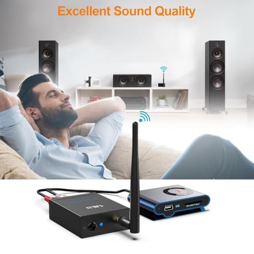 1Mii 2.4Ghz Wireless Audio Transmitter Receiver Set (1 TX + 1 RX) for TV | 320FT Long Range 20ms Low Delay HiFi Audio w/RCA(3.5mm AUX) Out/In, Wireless Adapter Kit for Powered Speaker/Stereo/Soundbar - size: 2 in 1